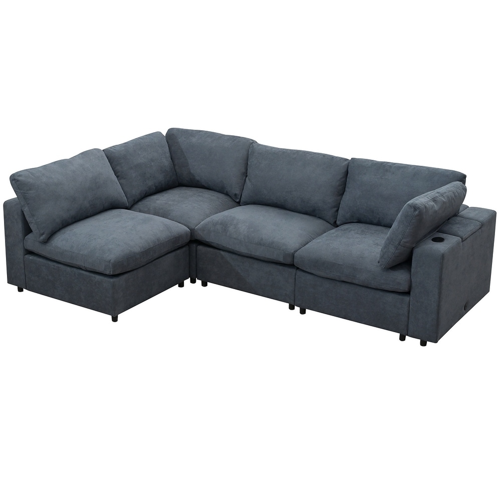 Built in Bluetooth Upholstered Sofa Movable Sectional Sofa Set with USB Charge Ports and Removable Cushions for Living Room