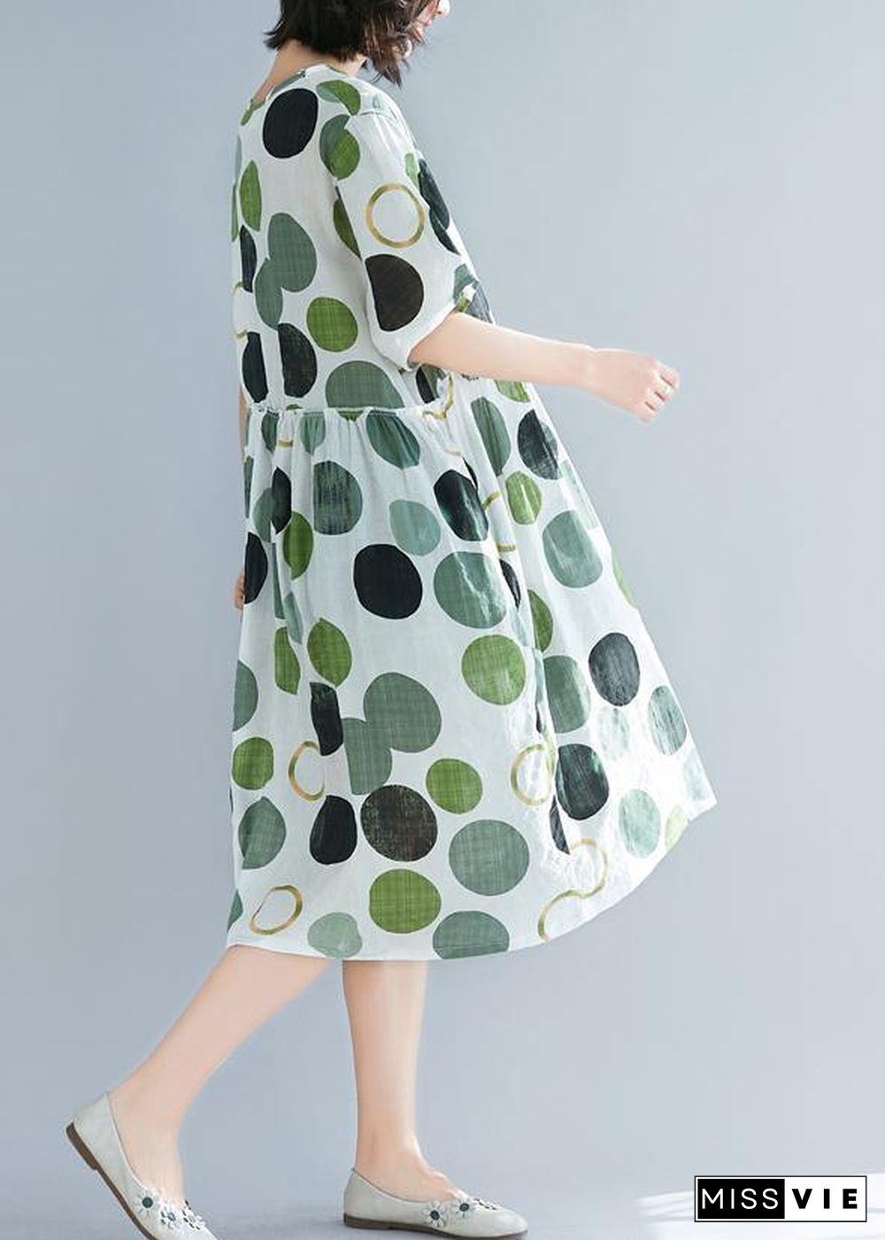 Art green dotted linen plus size Catwalk o neck short sleeve baggy Summer Dresses