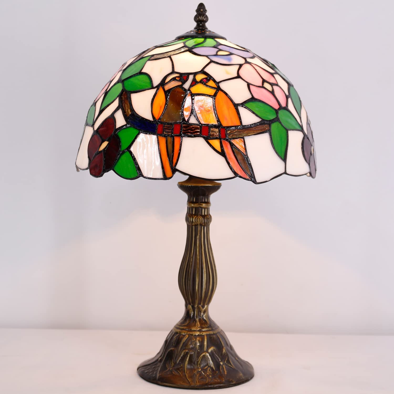 SHADY Tiffany Table Lamp Stained Glass Bedside Lamp Double Tropical Birds Desk Reading Light 12X12X18 Inches Decor Bedroom Living Room Home Office S803 Series