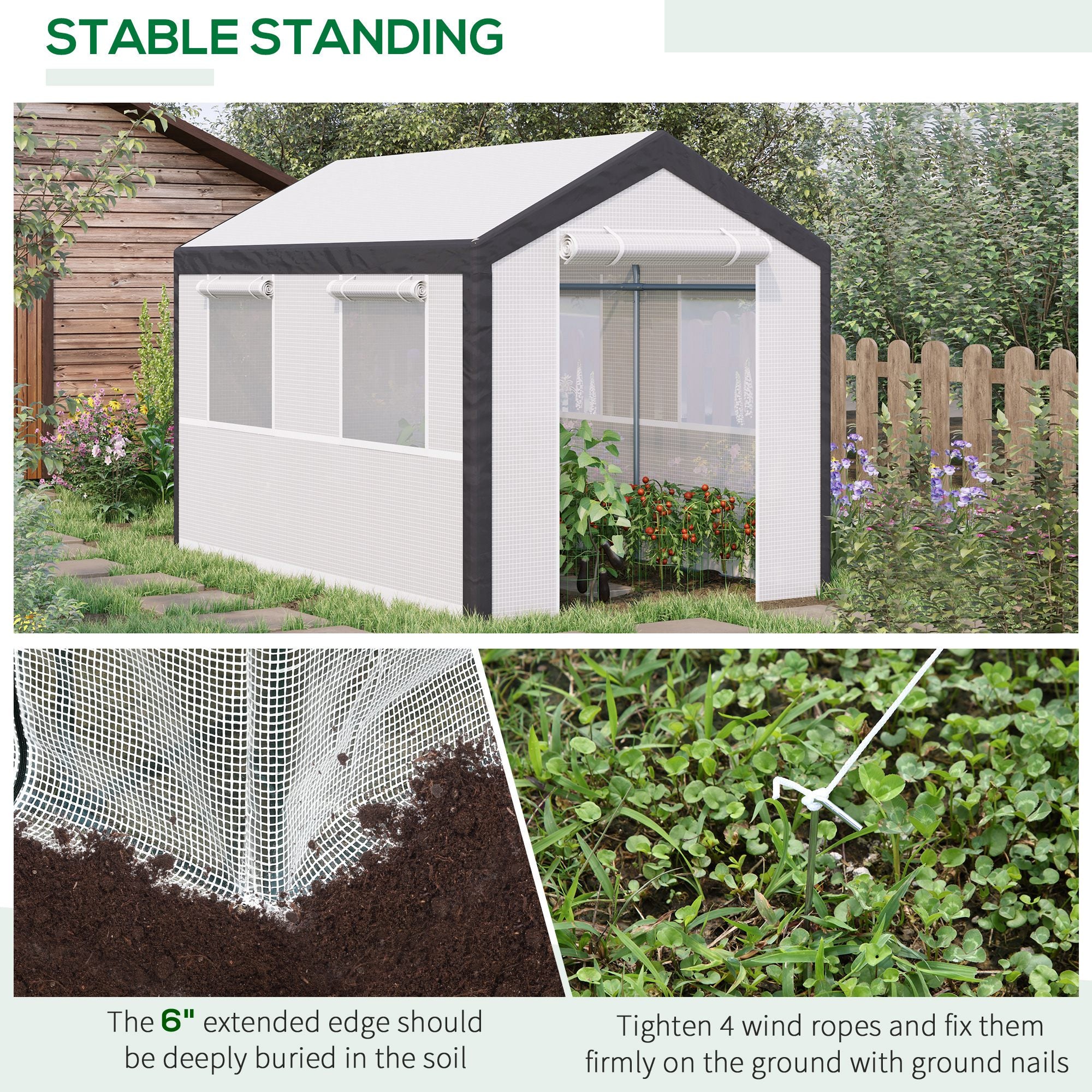 Outsunny Walk-in Garden Greenhouse Fully Enclosed with Extra Thick Steel Tubing, 4 Windows (plus screens), and 2 Zippered Doors for a Perfect Garden Haven, White