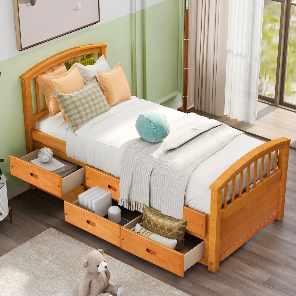 Twin Size Solid Wood Storage Bed   6 Drawers  Headboard   Safety Rail   Ideal for Kids