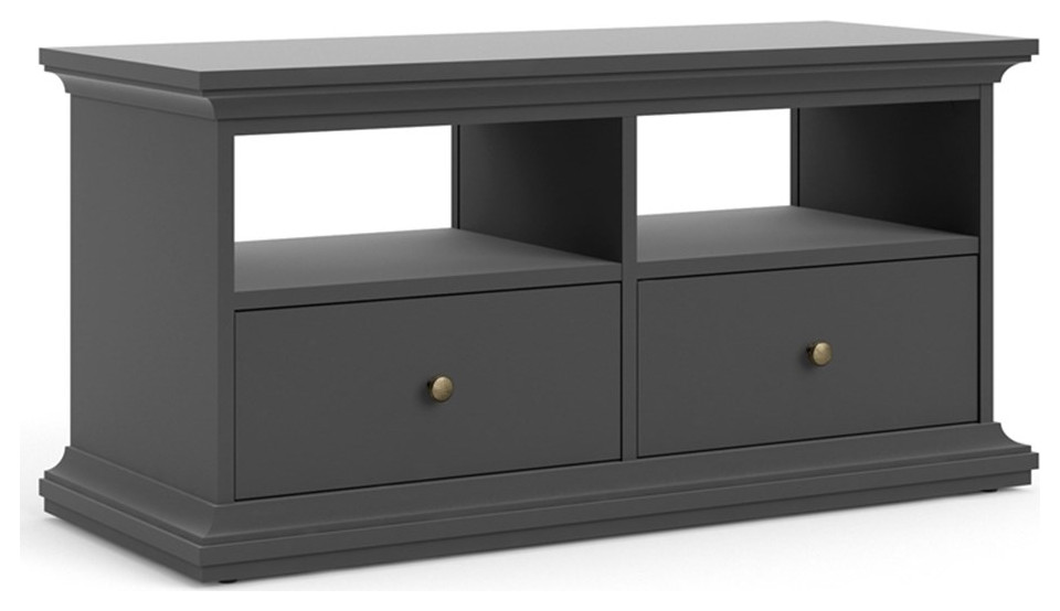 Pemberly Row Engineered Wood 2 Drawer TV Stand with 2 Shelves in Black Lead   Transitional   Entertainment Centers And Tv Stands   by Homesquare  Houzz