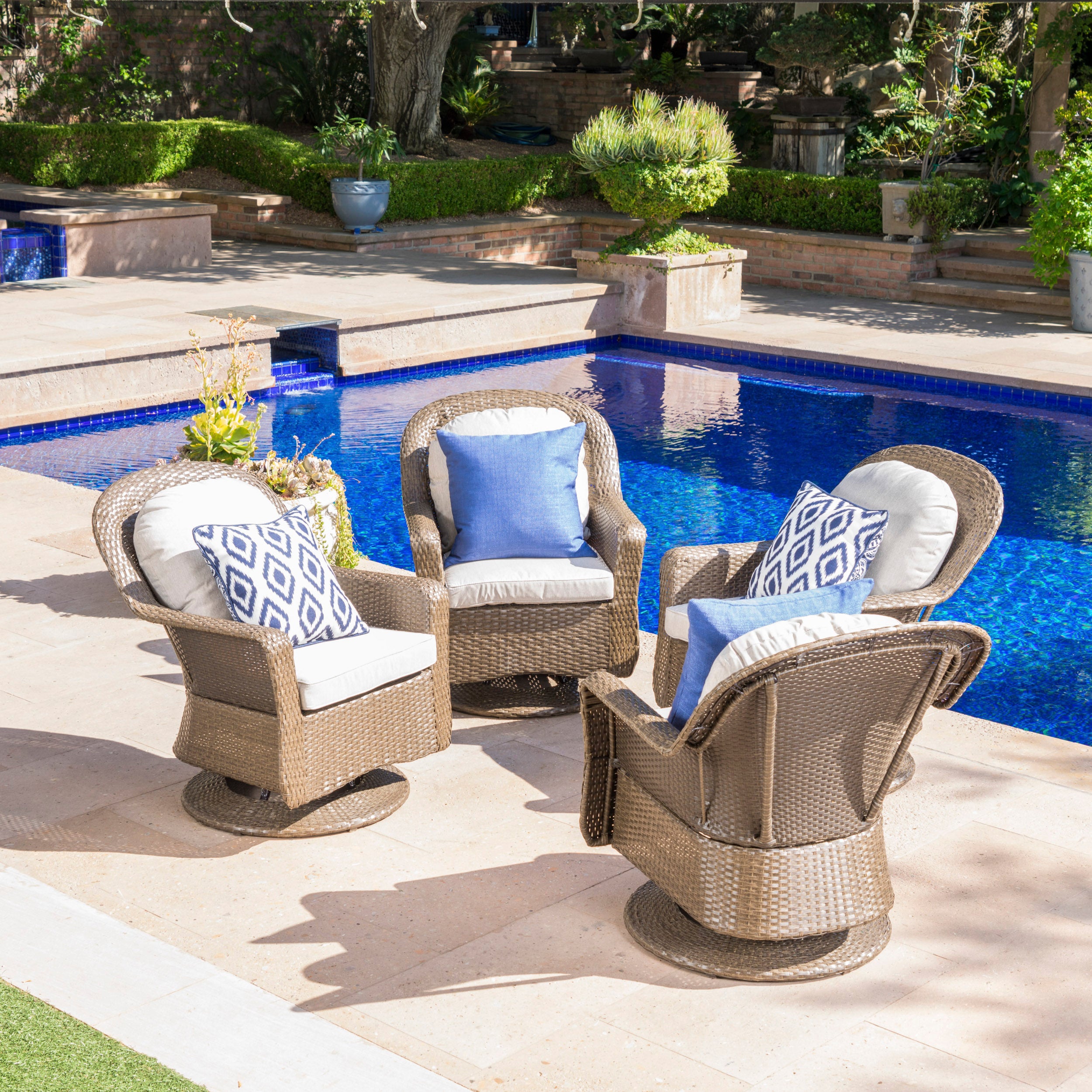 Linsten Outdoor Wicker Swivel Club Chairs with Water Resistant Cushions