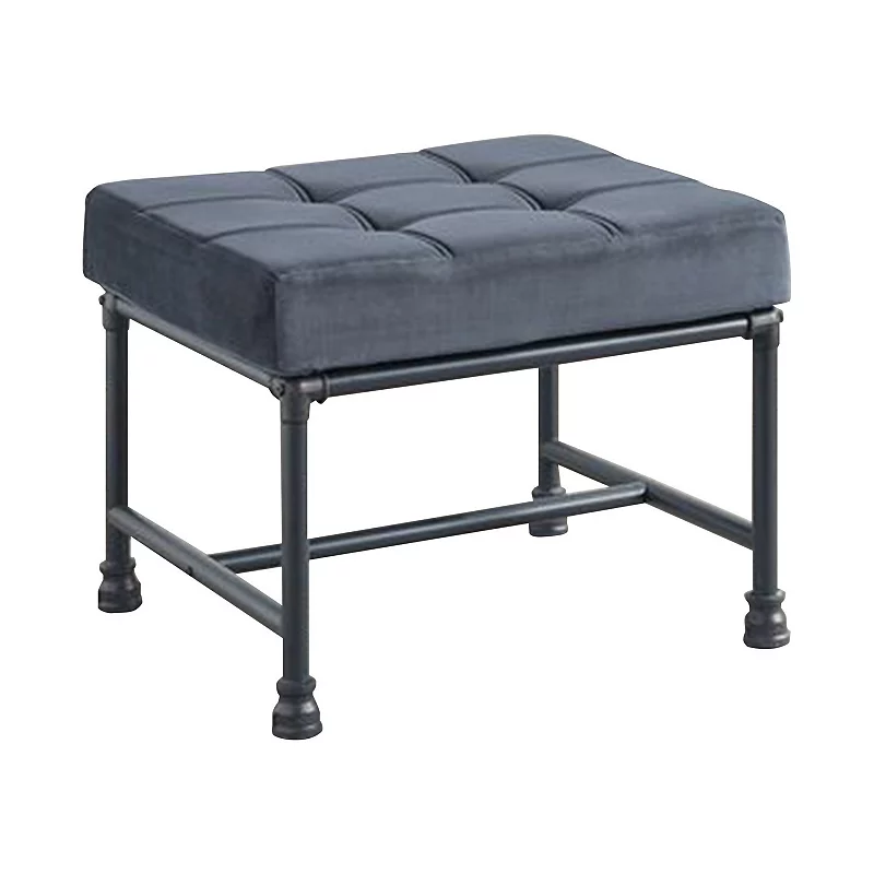 Ottoman with Tufted Velvet Seat and Metal Frame， Gray