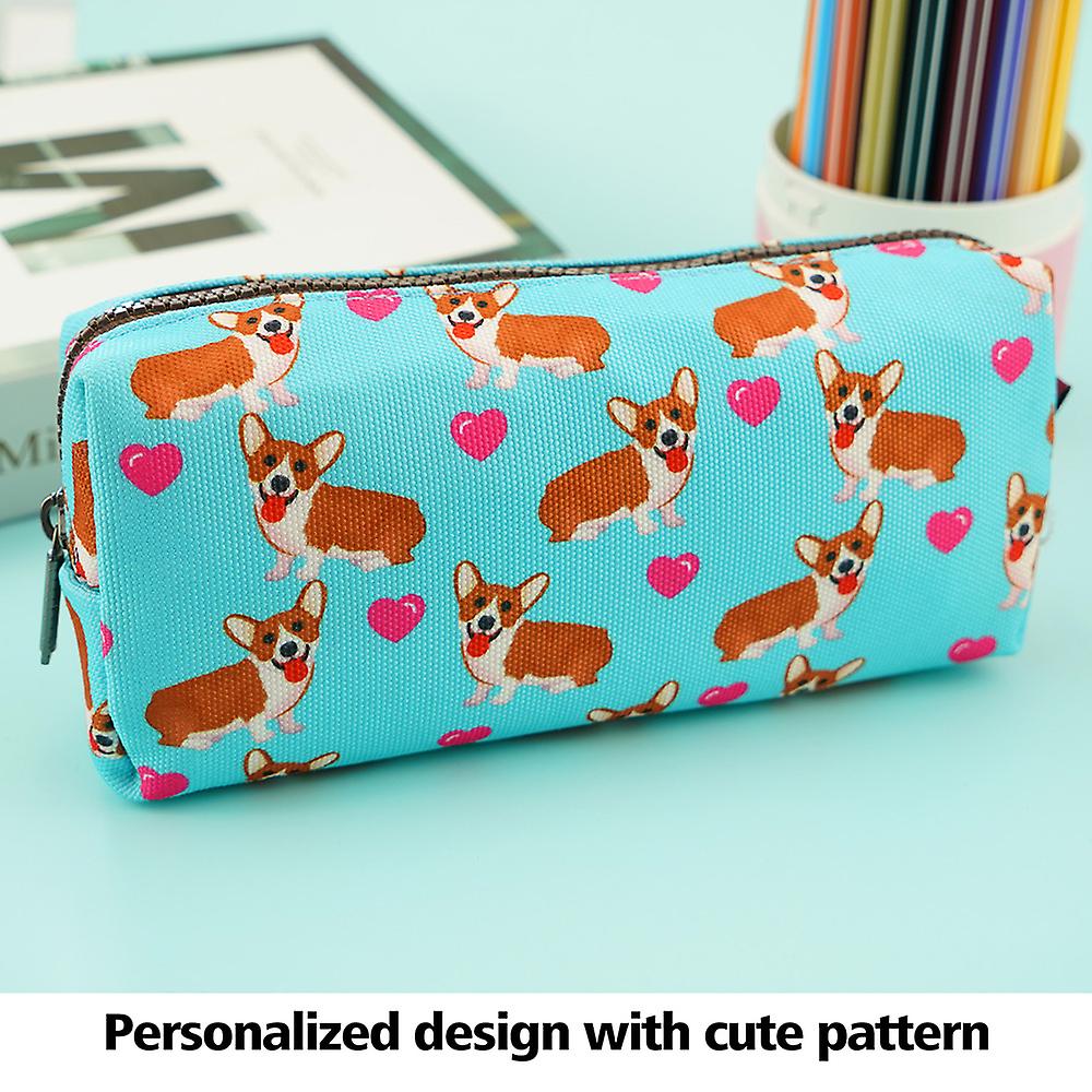 Lparkin Kawaii Corgi Dogs Large Capacity Cute Gadget Canvas Pencil Case Pen Bag Pouch Box Stationary Case Makeup Cosmetic Bag