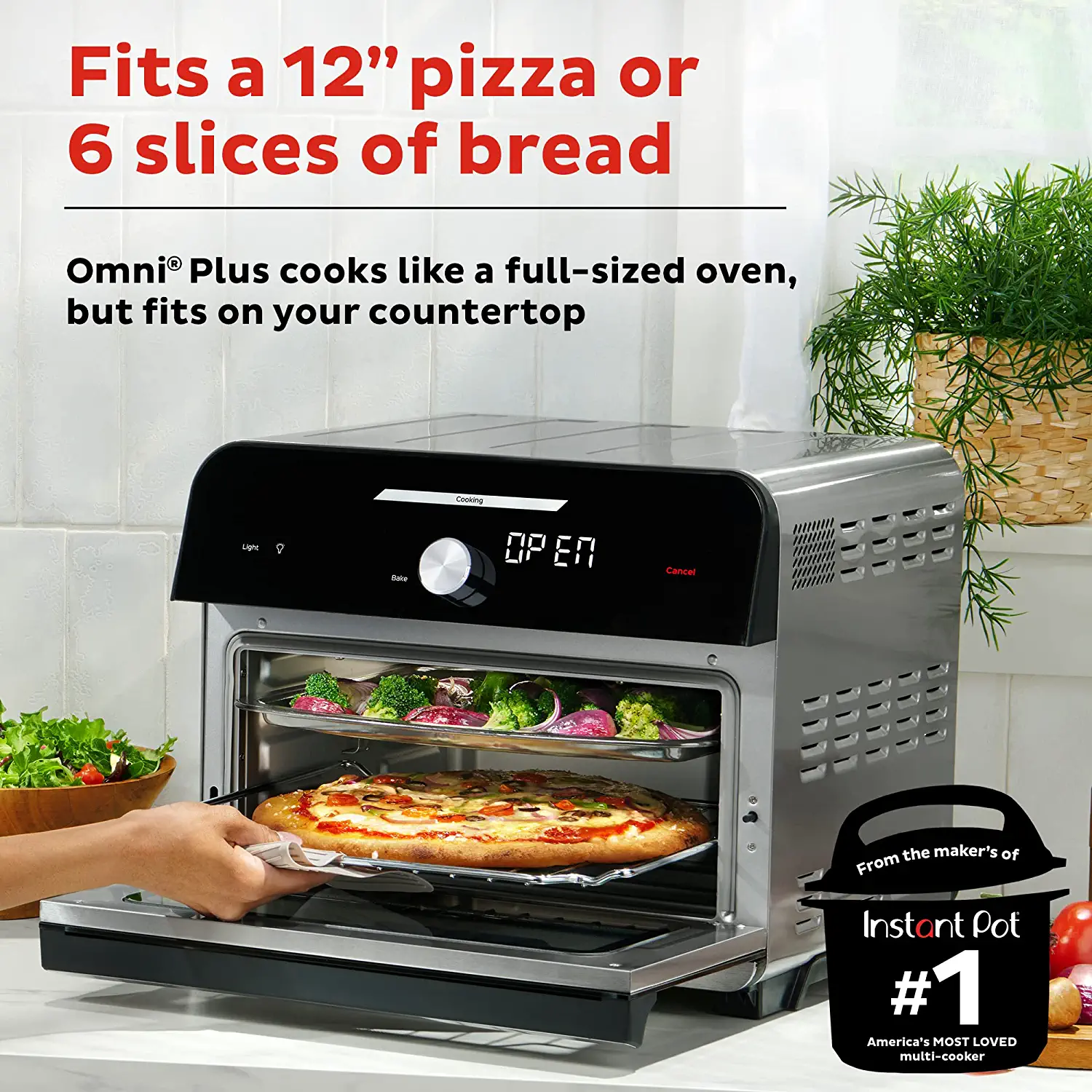 Instant Omni Plus 19 QT/18L Air Fryer Toaster Oven Combo， From the Makers of Instant Pot， 10-in-1 Functions， Fits a 12 Pizza， 6 Slices of Bread， App with Over 100 Recipes， Stainless Steel