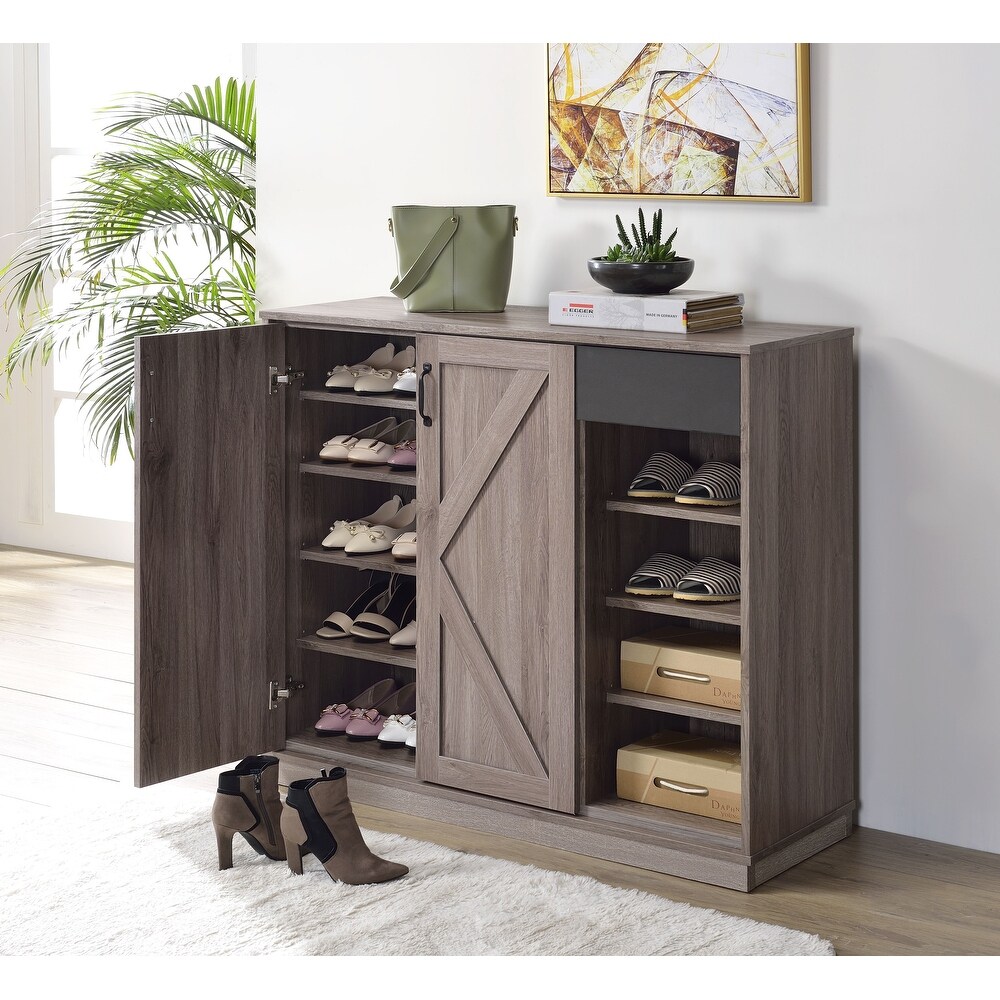 Rectangular Shoe Cabinet with 2 Barn Doors  1 Drawer   4 Open Compartments for Living Room  Entryway  Bathroom