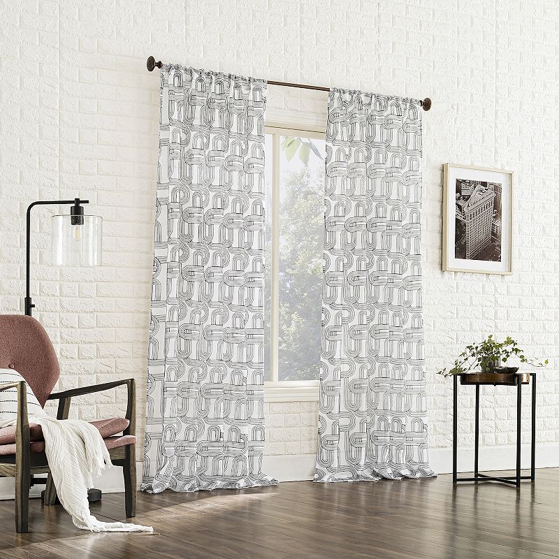 No. 918 Kaz Retro Embroidered Curves Sheer Rod Pocket 1 Window Curtain Panel