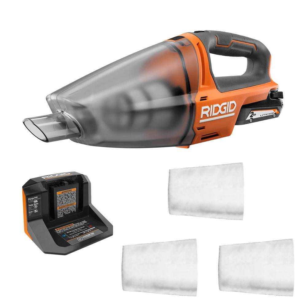 RIDGID 18V Cordless Hand Vacuum Kit with 2.0 Ah Battery and Charger with 3-Pack Hand Vac Replacement Filter R8609021KN-AC32VF31