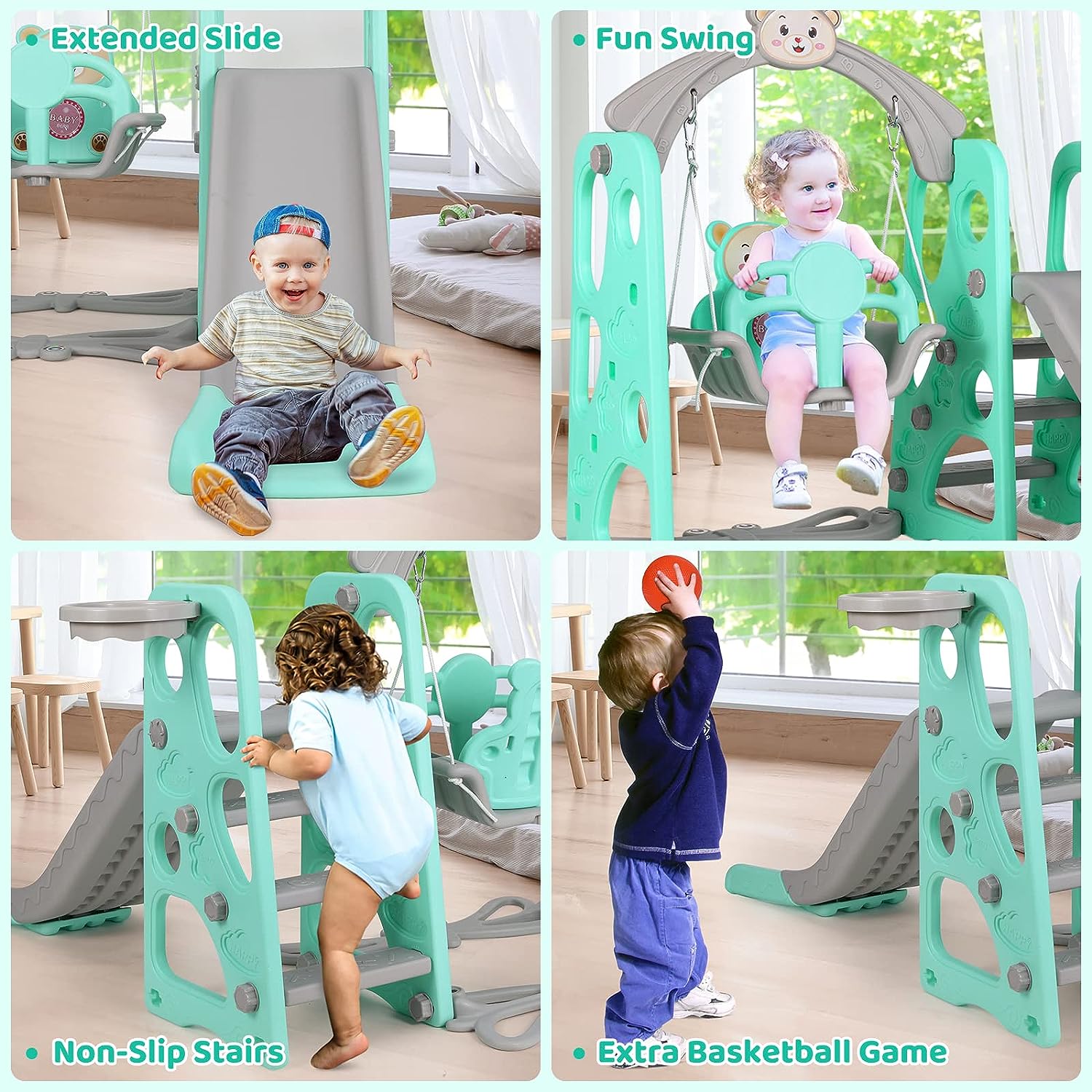 Swing Slide Baby Kids Swing Slide Climber Set Playset Playground Set with Basketball Hoop and Ball