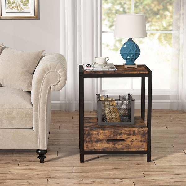 Industrial End Table with Drawer and Storage Shelves， Side Table and Nightstands