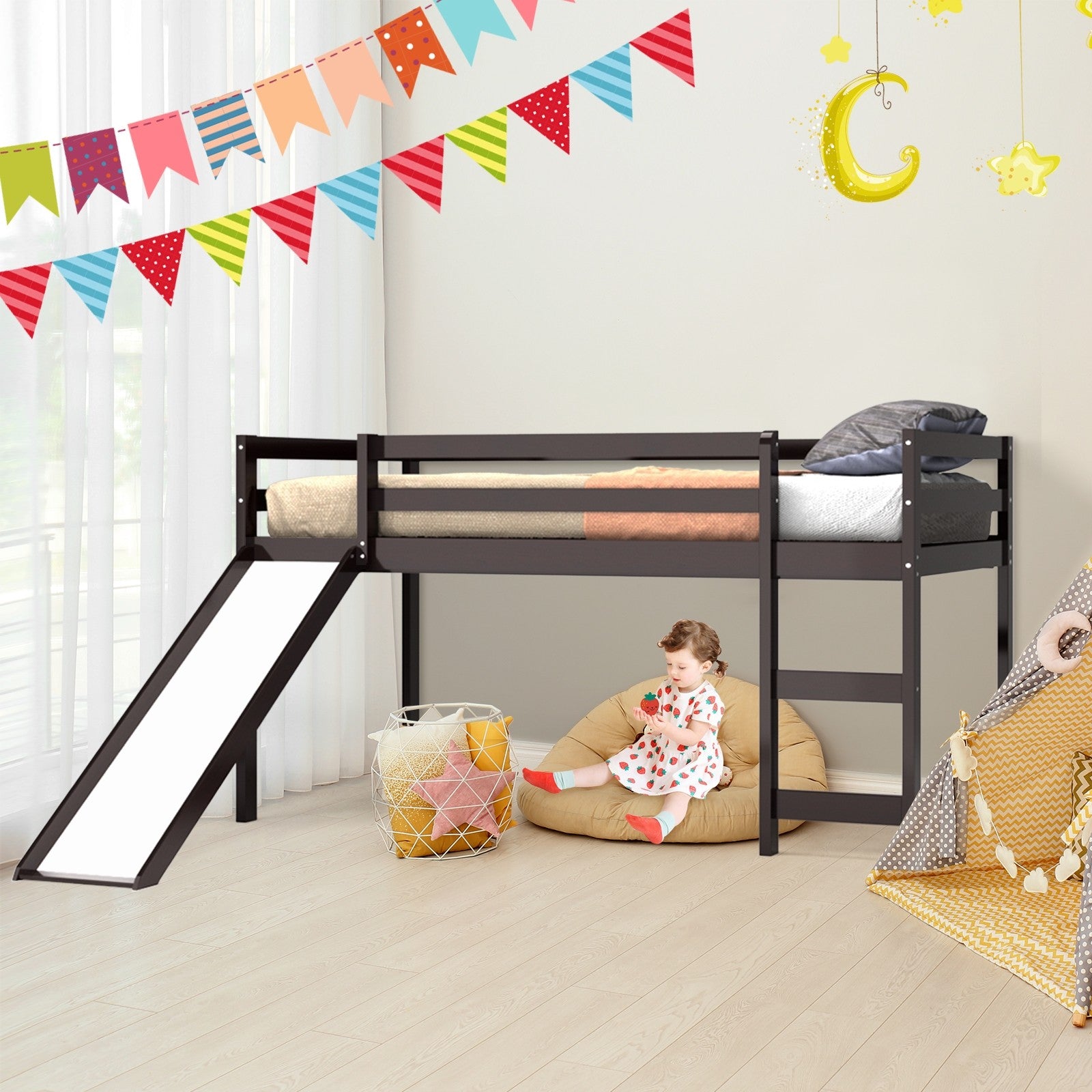 Costzon Twin Loft Bunk Bed with Slide, Built-in Ladder and Guard Rail