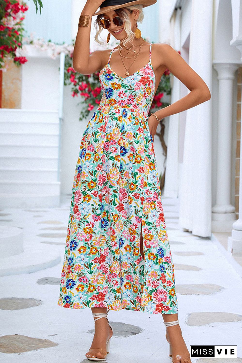 Backless Split Spaghetti Floral Dress