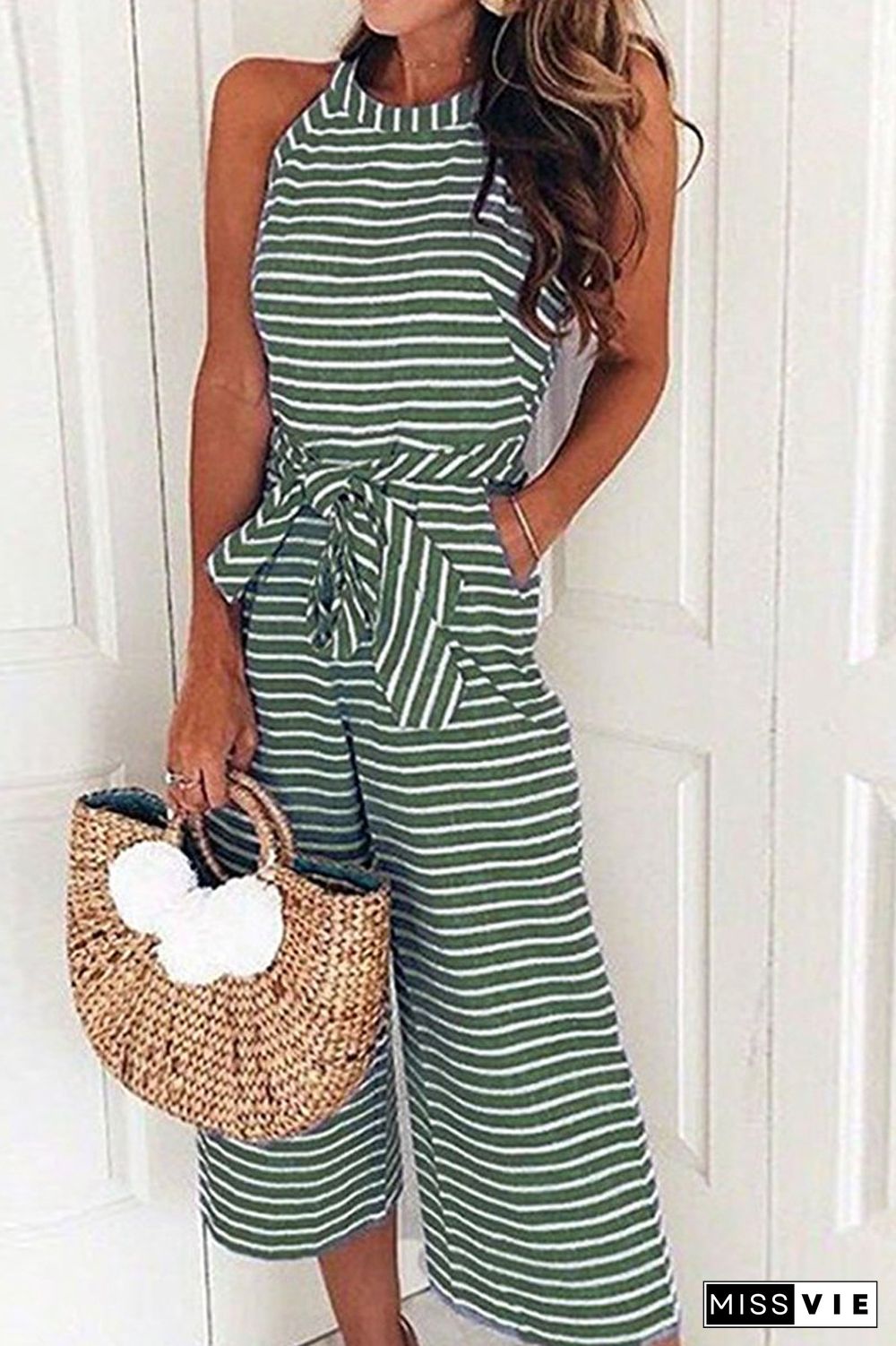 Stripe Print Sleeveless Lace-up Jumpsuit