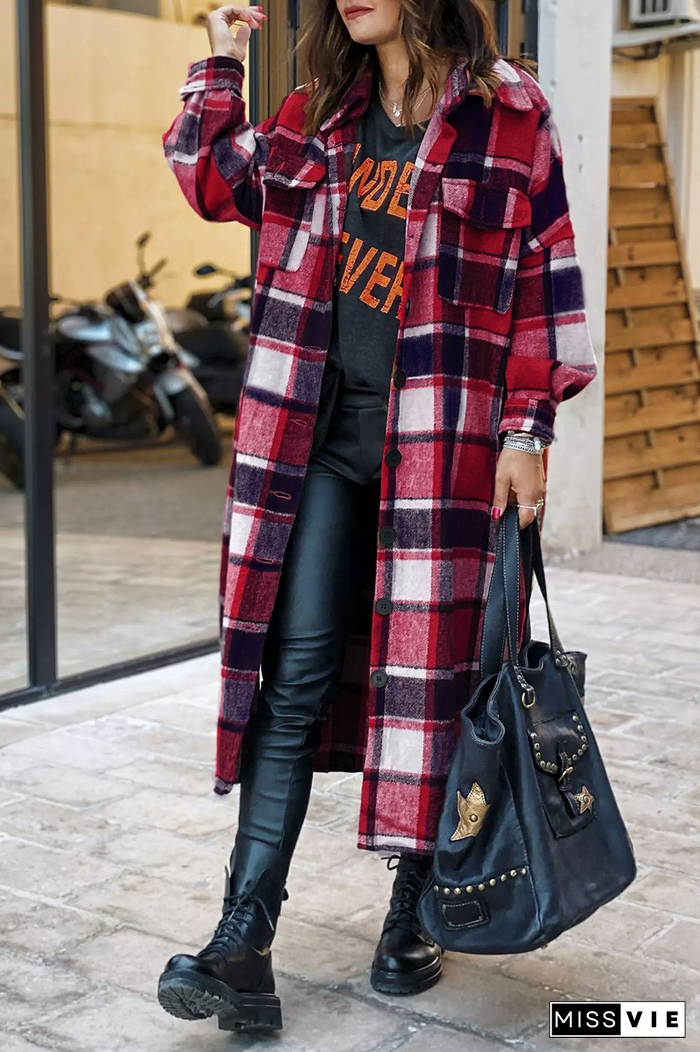 KarliDress Lapel Plaid Print Woolen Long Coat P12611