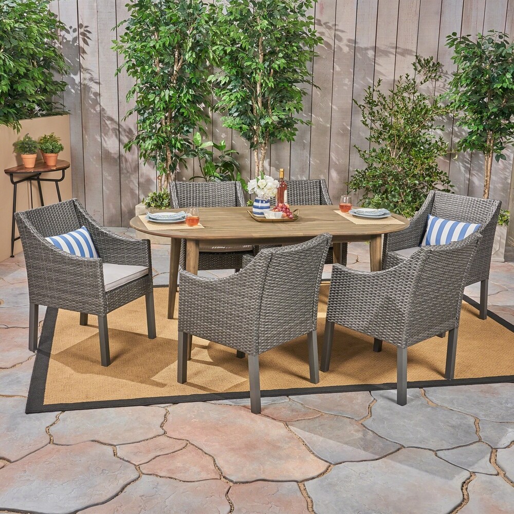 Stamford Outdoor 7 Piece Acacia Wood Dining Set with Wicker Chairs by Christopher Knight Home