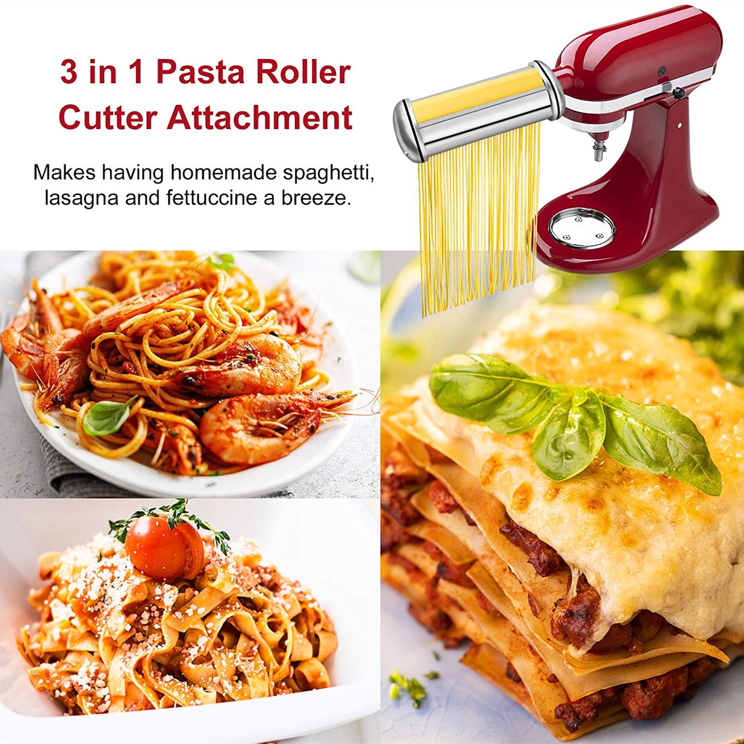 Kenome Pasta Roller Attachments Set for All KitchenAid Stand Mixer， 3-Piece Pasta Cutter Accessories Set