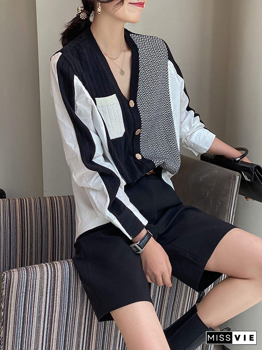 Urban Long Sleeves Contrast Color Split-Joint V-Neck Cardigan Tops