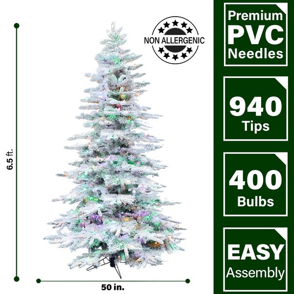 Fraser Hill Farm 6.5Ft. Flocked Mountain Pine Christmas Tree with MultiColor LED String Lighting