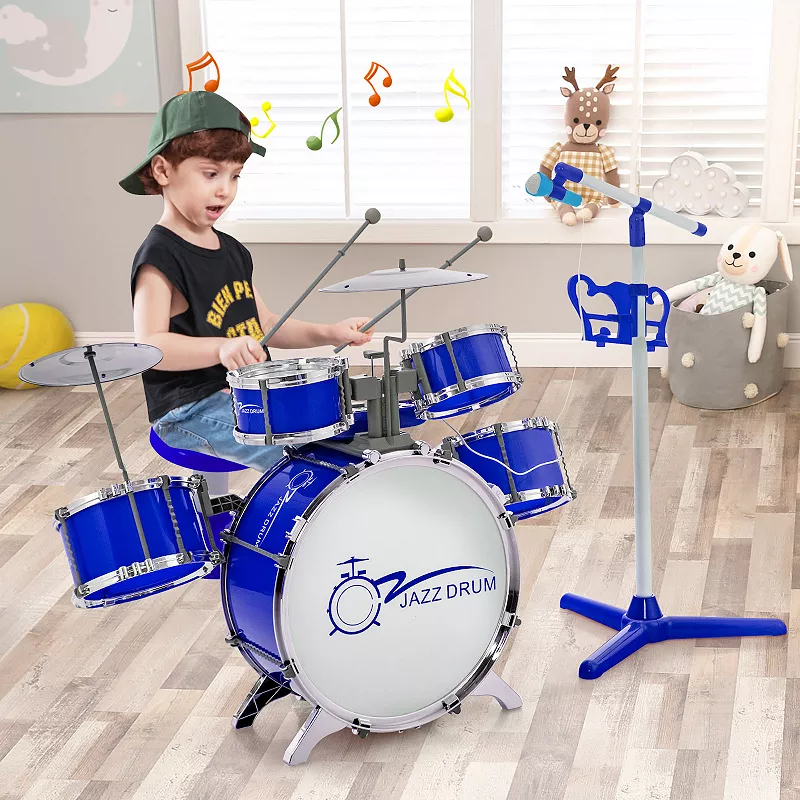 Kids Jazz Drum Keyboard Set with Stool and Microphone Stand