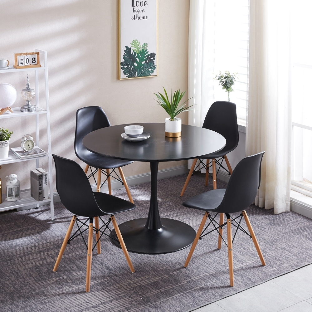 Modern Living Room 5 Piece Plastic Dining Table Sets with Round Table and Solid Back Dining Chairs Coffee Sets