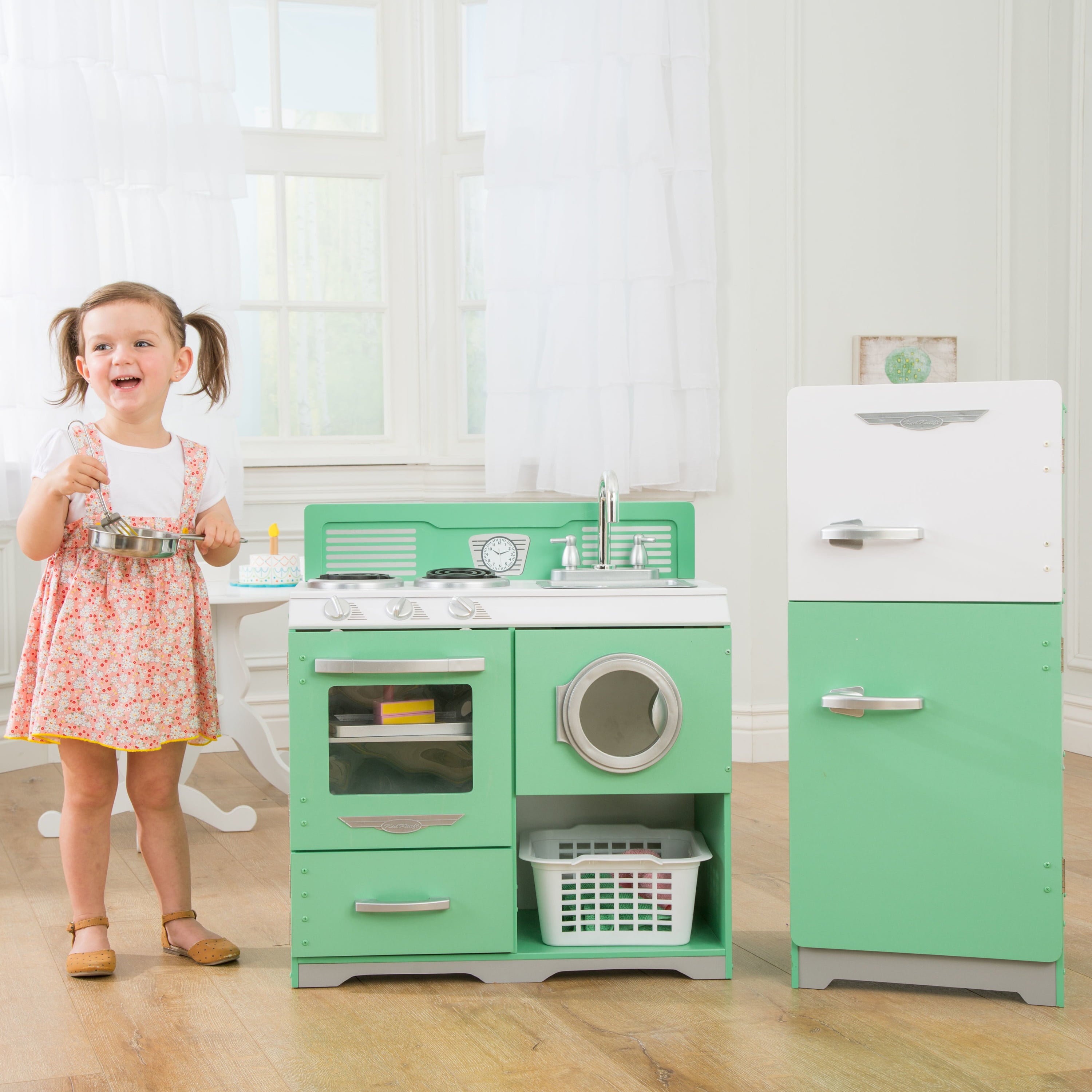 Homestyle 2-Piece Wooden Vintage Play Kitchen Set with Refrigerator, Dryer and Laundry Basket