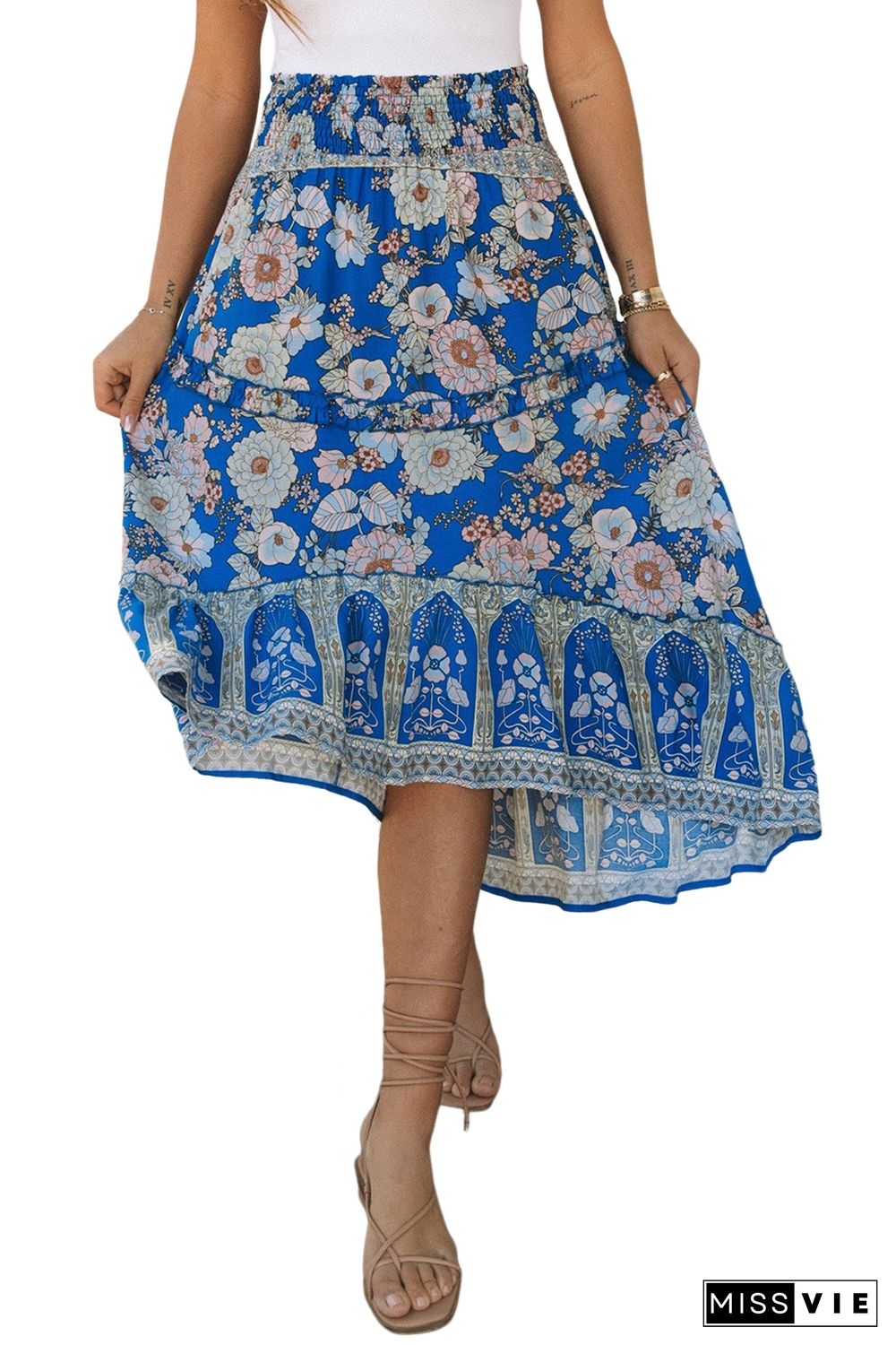 Blue Smocked Waist Boho Floral Maxi Skirt