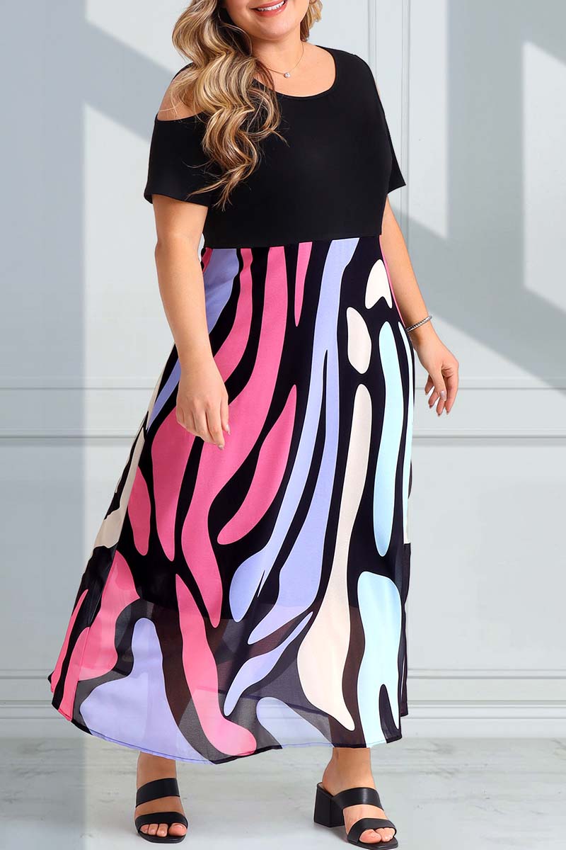 Plus Size Round Neck Cold Shoulder Multi Color Maxi Dresses