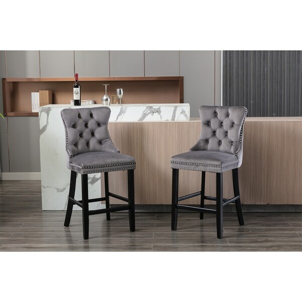 Velvet Upholstered Barstools with Button Tufted Decoration， Set of 2