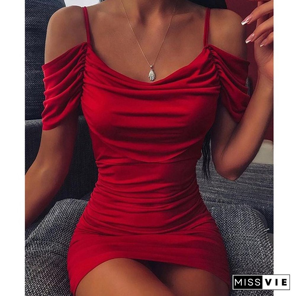 Women's Fashion Spaghetti Strap Cold Shoulder Silk Dress Short Sleeve Bodycon Pencil Dress Ladies Solid Color Nightclub Party Mini Dresses