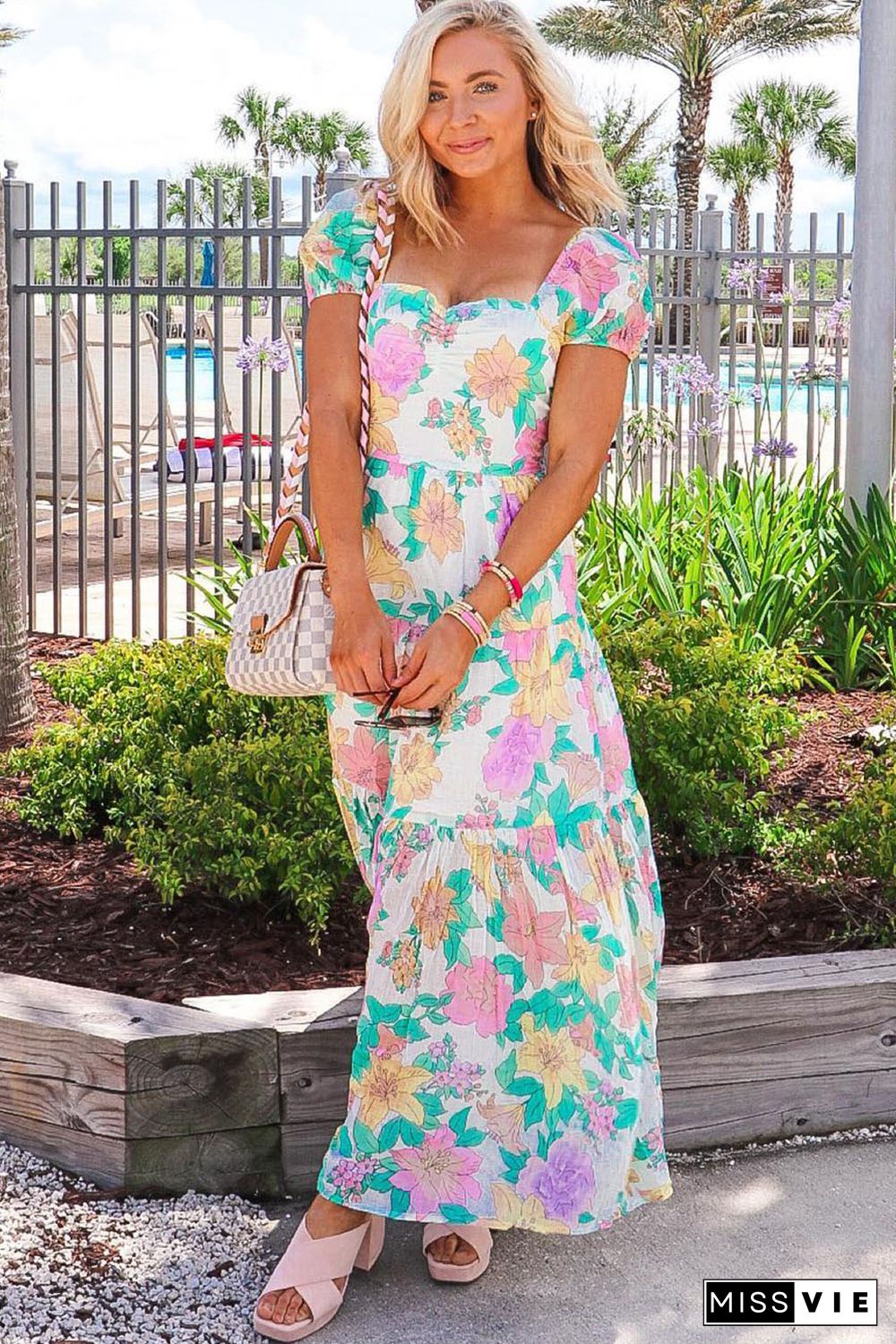 Multicolor Square Neck Puff Sleeve Tiered Floral Maxi Dress