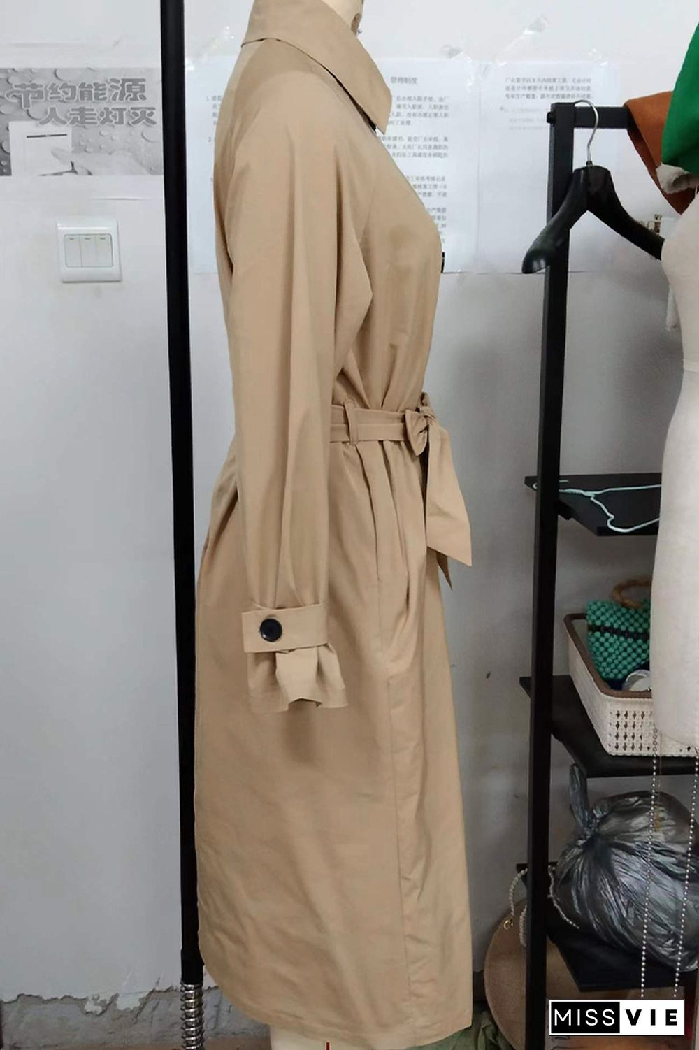 Khaki Lapel Collar Long Length With Waistband Jacket