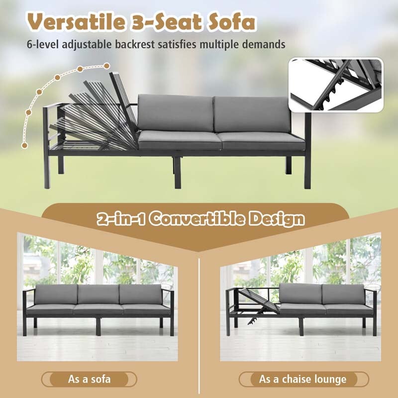 3 Pcs Aluminum Patio Furniture Set with 6-Level Adjustable Backrest, Outdoor Sectional Sofa Set with Cushions