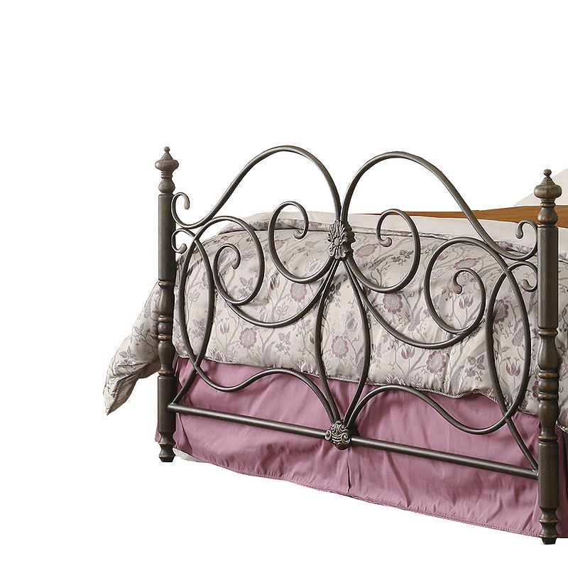 Queen Size Metal Headboard and Footboard with Scroll Work Details， Dark Bronze