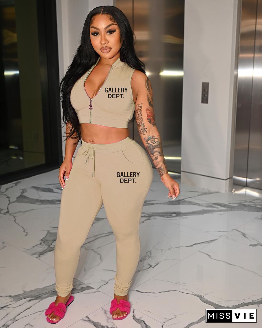 Zipper Sleeveless Crop Tops Long Pants Two Piece Set