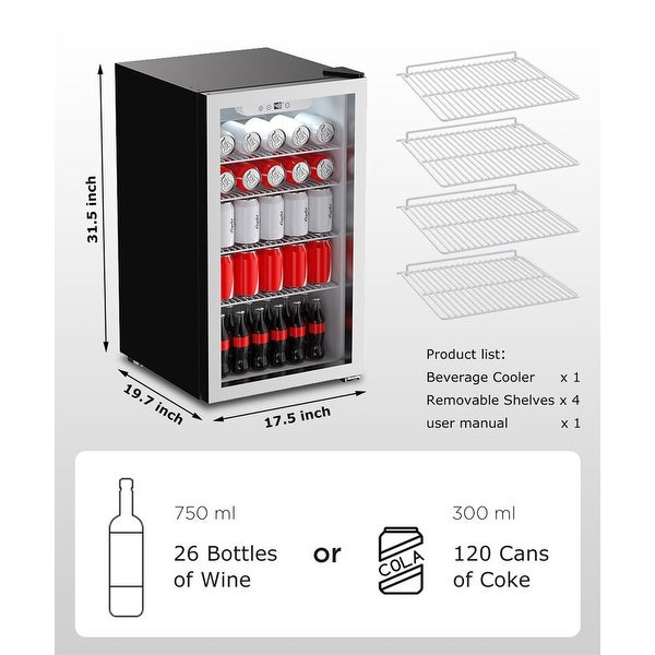 3.2 cu. ft. 26 Bottle Wine Cooler， 120Cans Beverage Refrigerator and Cooler With Glass Reversible Door