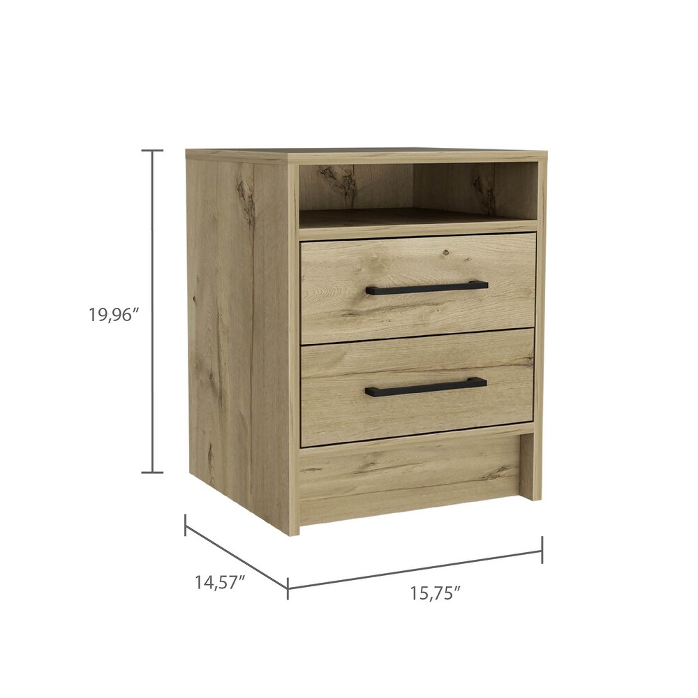 Wooden Nightstand with Two Drawers and Metal Handles