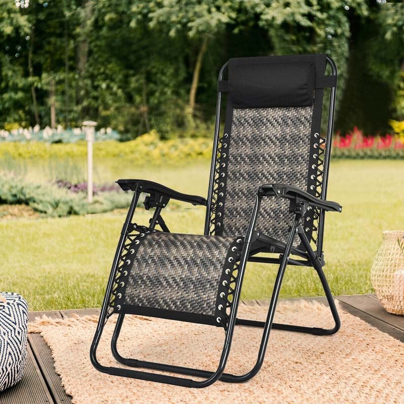 Rattan Folding Zero Gravity Lounge Chair Outdoor with Removable Pillow, Locking System, Adjustable Portable Patio Armchair