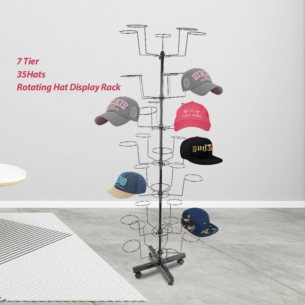 Miumaeov 7 Tier Rotating Hat Rack Stand w/ 35 Hook Modern Metal Freestanding Retail Stand