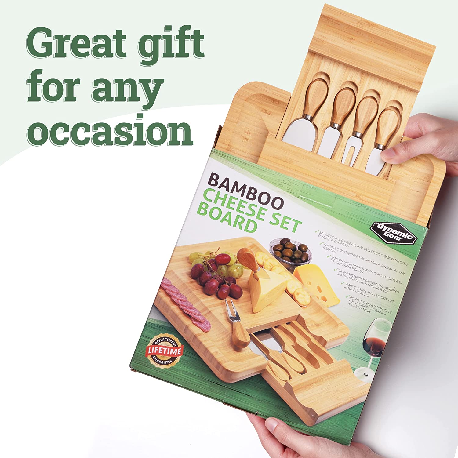 Bamboo Cheese Board Set With Cutlery In Slide-Out Drawer Including 4 Stainless Steel Knife and Serving Utensils