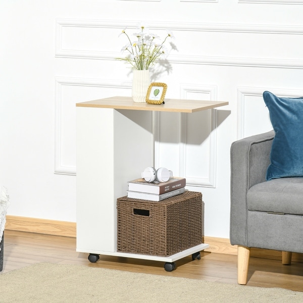 HOMCOM C-Shaped Sofa Side Table Mobile End Table with Storage and Wheels for Living Room， Bedroom， Office