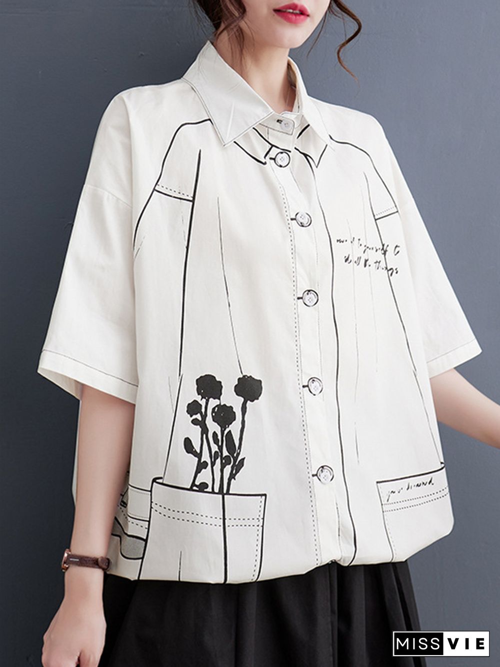 Loose Short Sleeves Contrast Color Printed Split-Joint Lapel Blouses