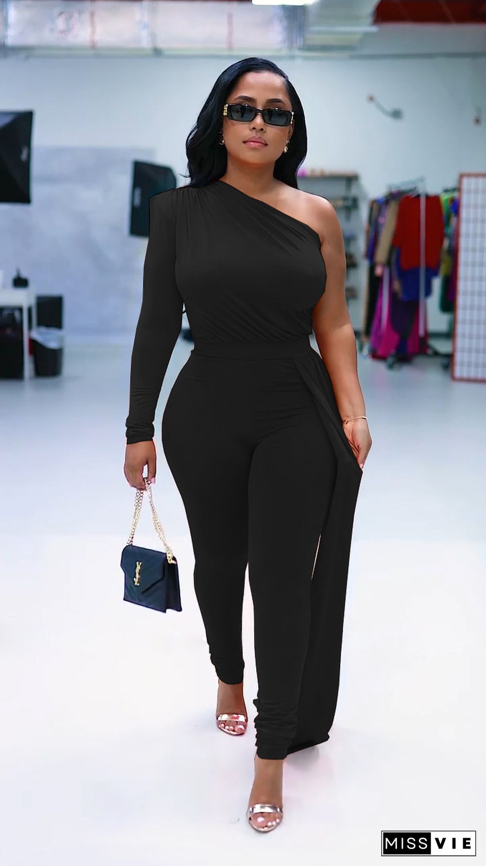 One Shoulder Long Sleeve Skinny Party Jumpsuits