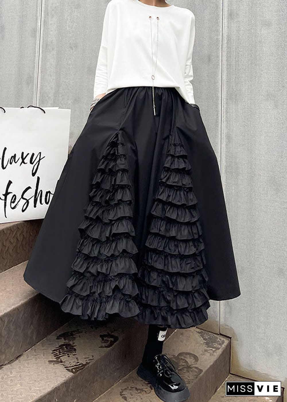 Women Black Ruffled Patchwork A Line Fall Skirts