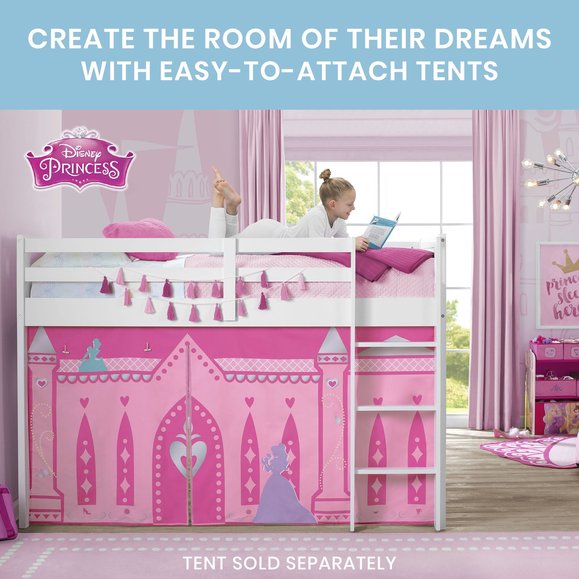 Delta Children Twin Loft Bed with Guardrail and Ladder (Coordinates with Disney Princess & JoJo Siwa Tents Sold Separately), White