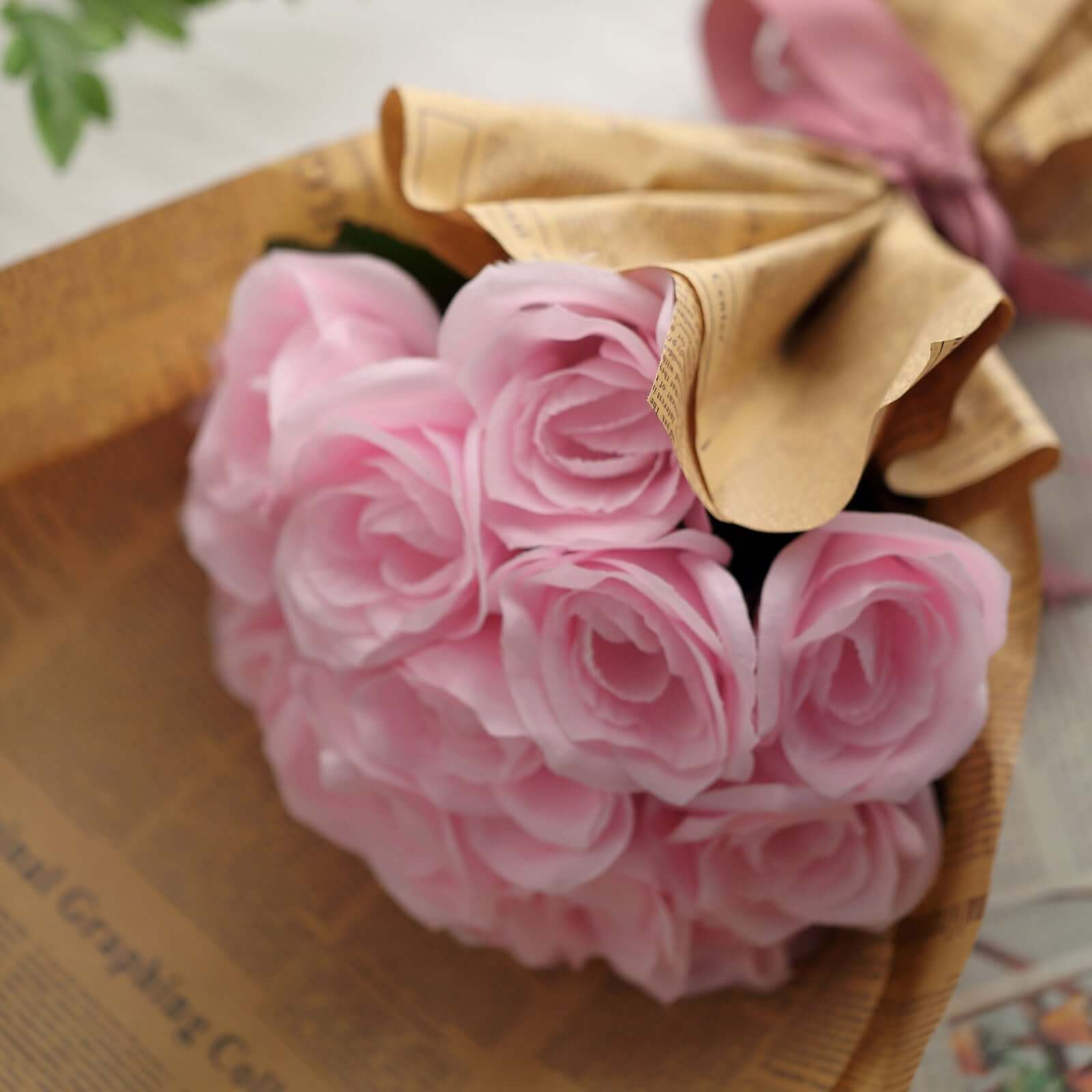 Pink Artificial Velvet-Like Rose Flower Bouquet 12