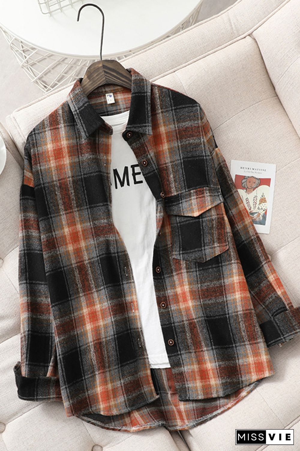 Plaid Button Down Pocketed Shacket Shirts Women Wholesale