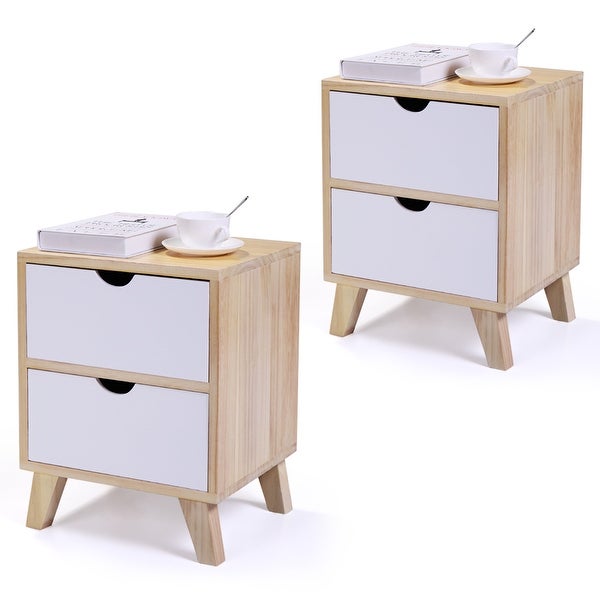 Set of 2 Wooden Nightstand with Two Drawers， End Table with Tall Legs， Multiple Usages Bedside Table， Indoors， Burlywood and White