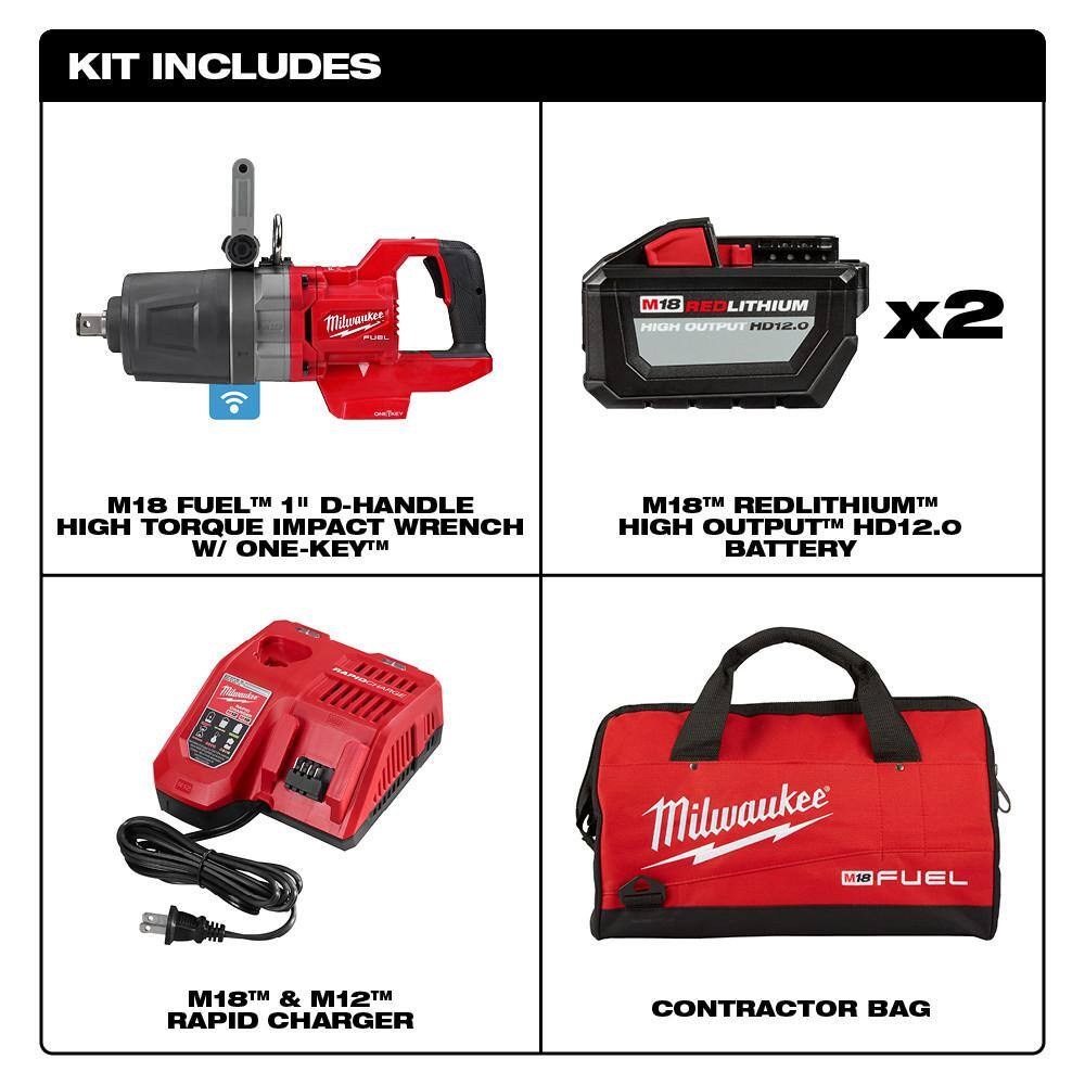 MW M18 FUEL 18V Lithium-Ion Brushless Cordless 1 in. Impact Wrench with D-Handle Kit with Two 12.0 Ah Batteries 2868-22HD