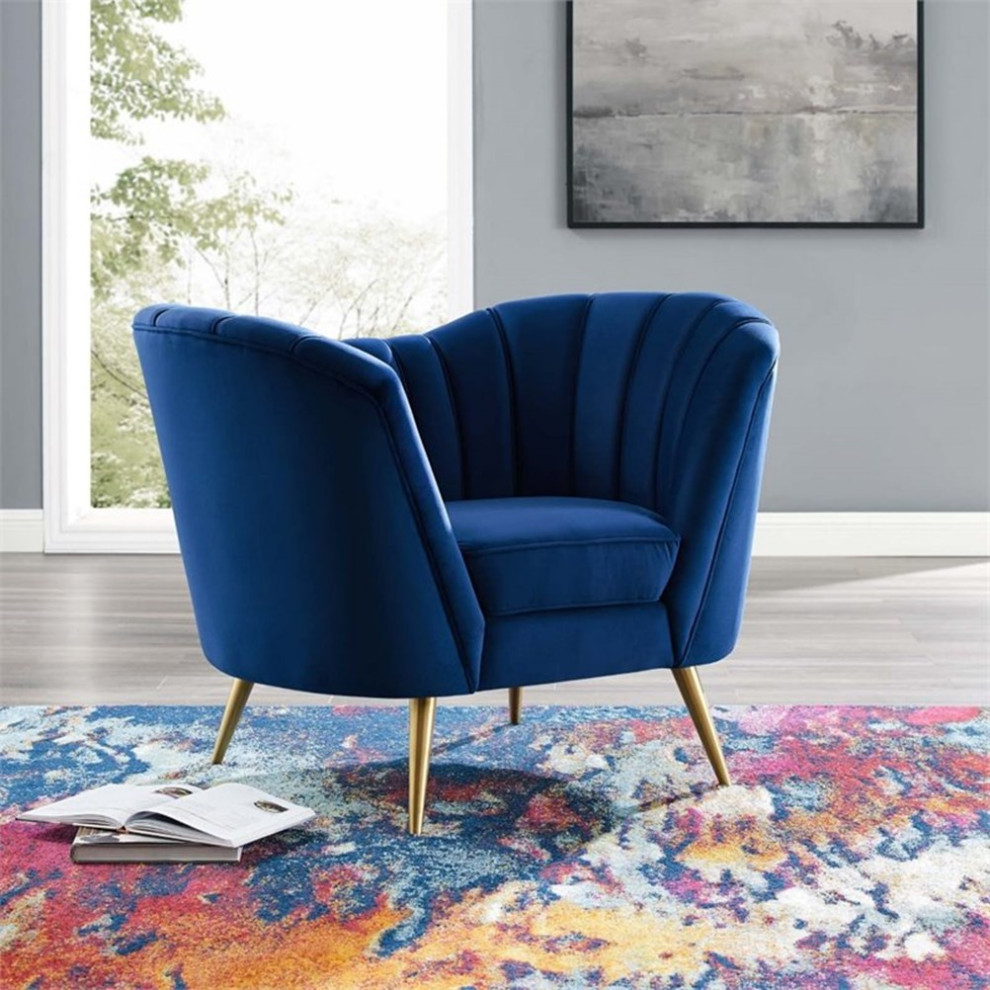 Pemberly Row Modern Velvet Armchair with Stainless Steel Legs in Navy/Gold   Midcentury   Armchairs And Accent Chairs   by Homesquare  Houzz